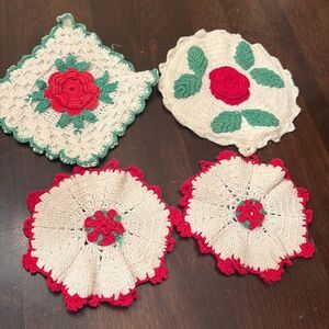 Handmade Crochet red Rose Pot Holders